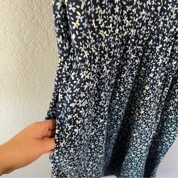 Land’s End Vintage Cotton Maxi Dress Pockets Navy Blue Floral Size L - Picture 3 of 5